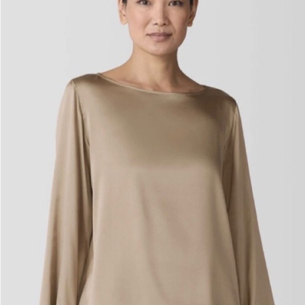 Eileen Fisher Brown Satin Long Sleeve Shirt NWT Biscuit Color